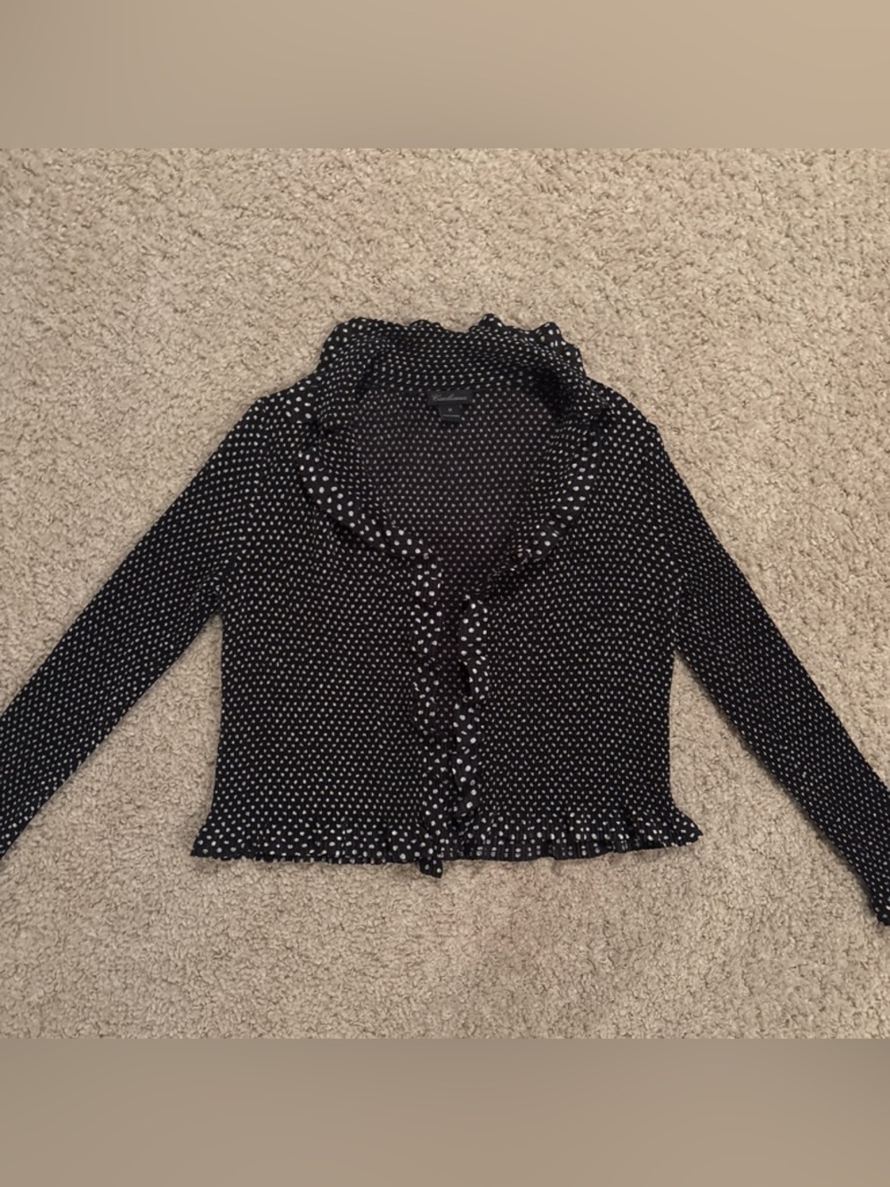 Vintage Caeliann Black Ruffled Polka Dot Collared Open Front Blouse Size Medium
